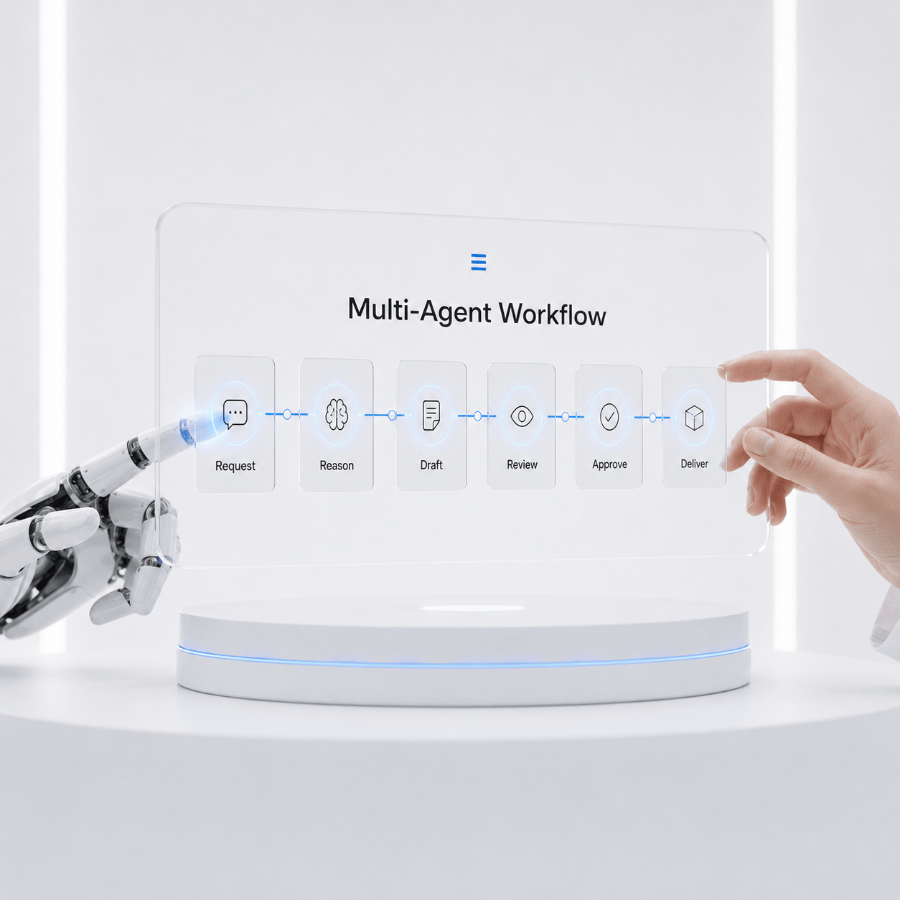 A robotic hand and a human hand using a multi-agent AI workflow interface