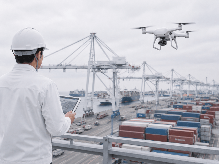 An operator flying a survey drone over a shipping container port