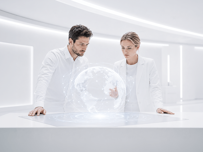 Two specialists examining a holographic globe of connected data